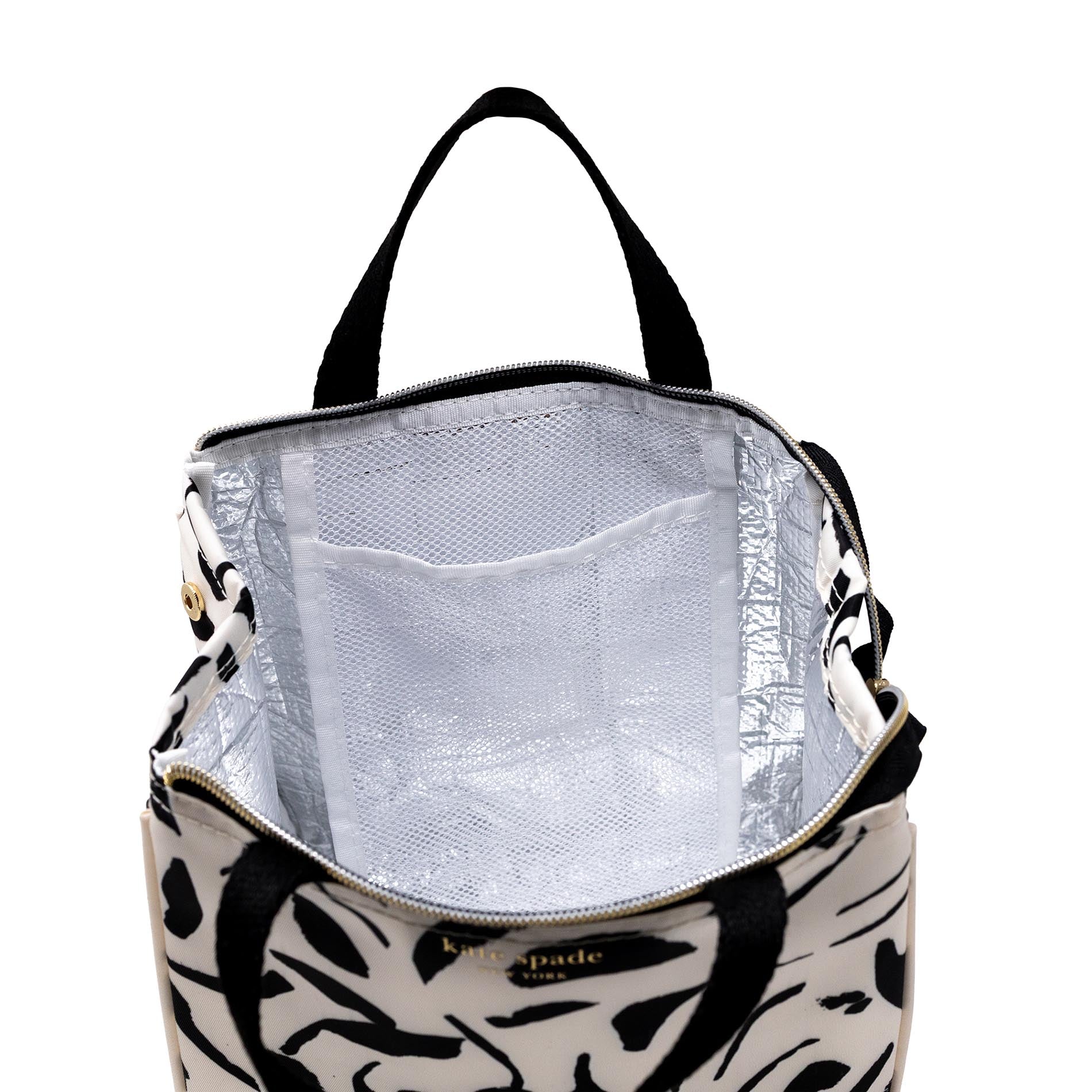 Black and white patterned lunch bag with a clear interior pocket on a white background