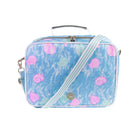 Blue handbag with pink seashell pattern on a white background