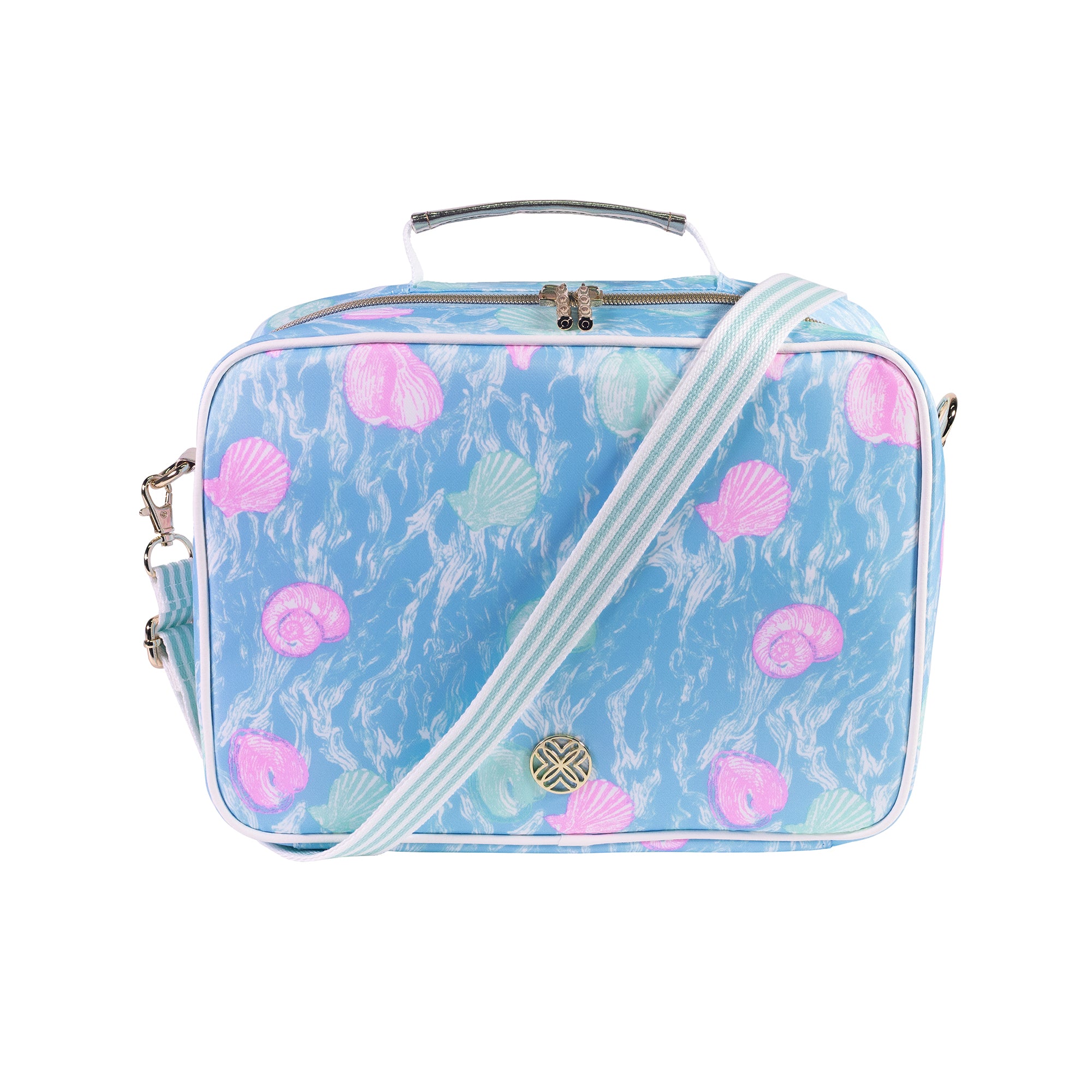 Blue handbag with pink seashell pattern on a white background