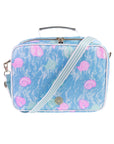 Blue handbag with pink seashell pattern on a white background