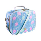 Blue cosmetic bag with pink seashell pattern on a white background