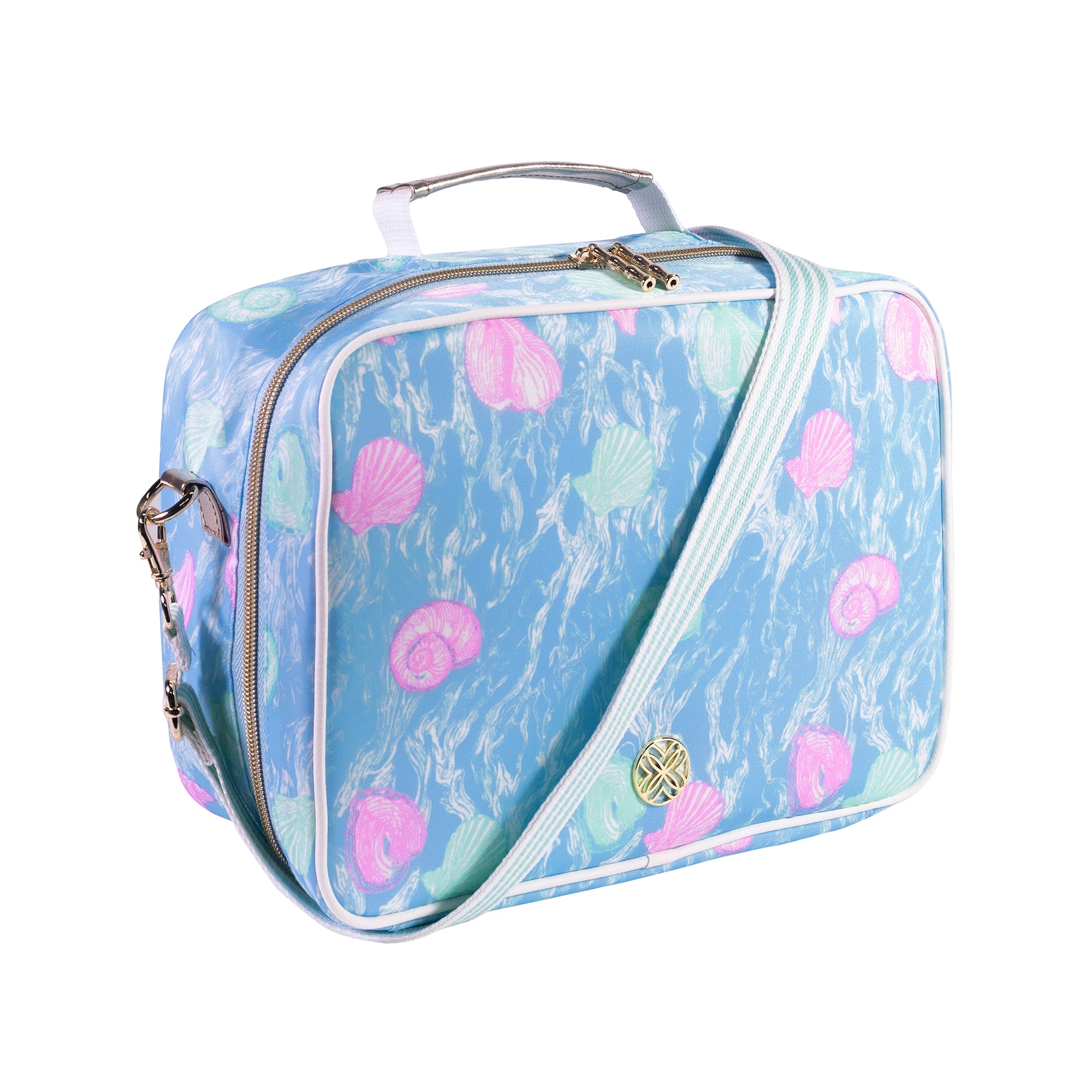 Blue cosmetic bag with pink seashell pattern on a white background
