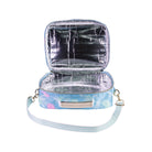 Insulated lunch bag with floral pattern on a white background