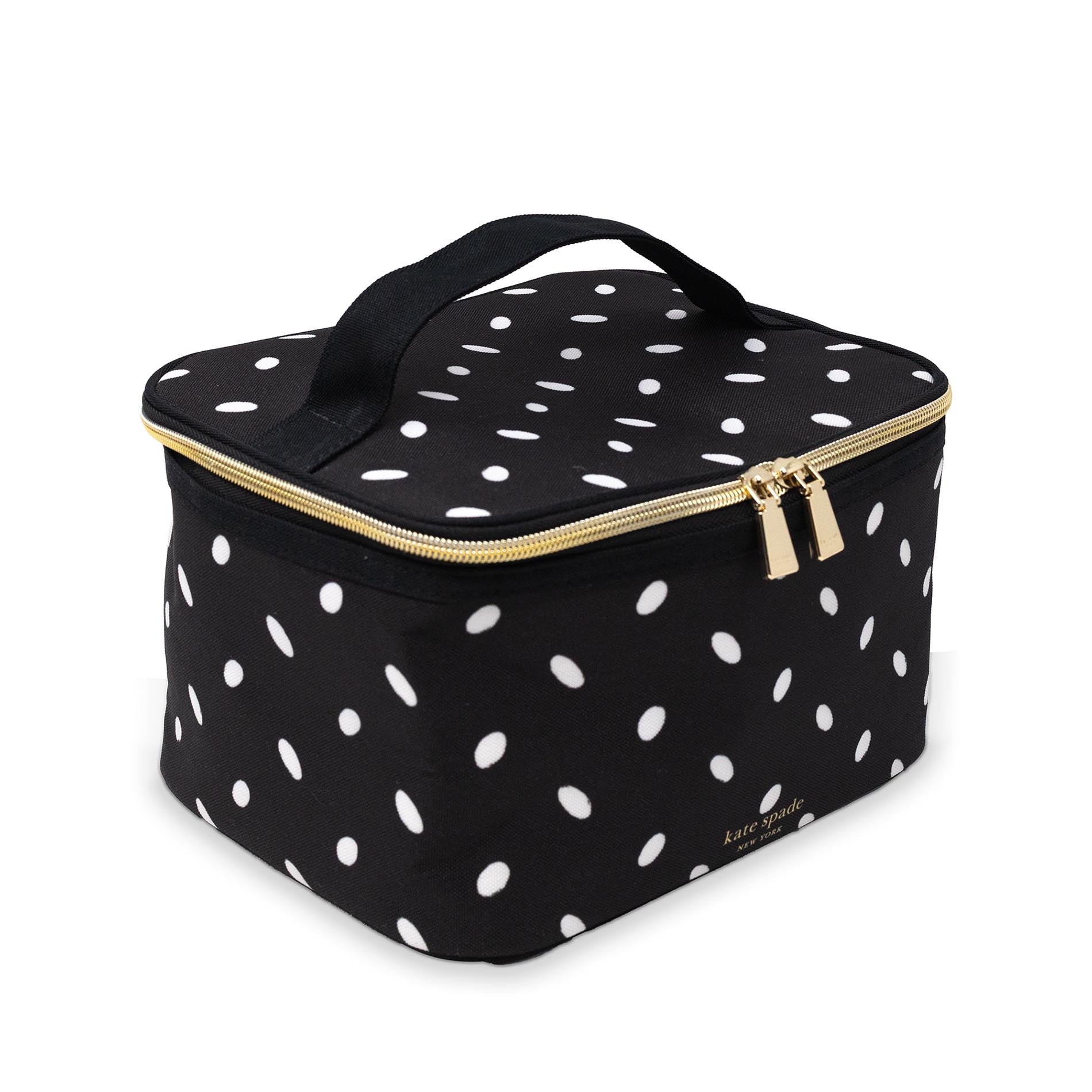 Black polka dot lunch bag with gold zipper on a white background
