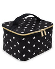 Black polka dot lunch bag with gold zipper on a white background