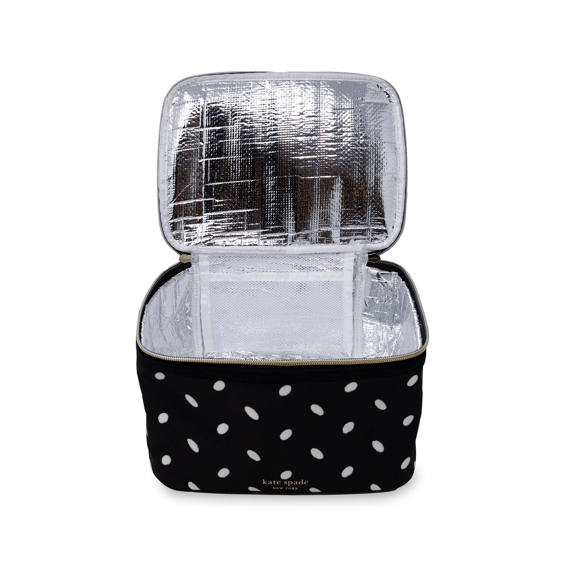 Insulated cooler bag with polka dot pattern on a white background