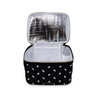 Insulated cooler bag with polka dot pattern on a white background
