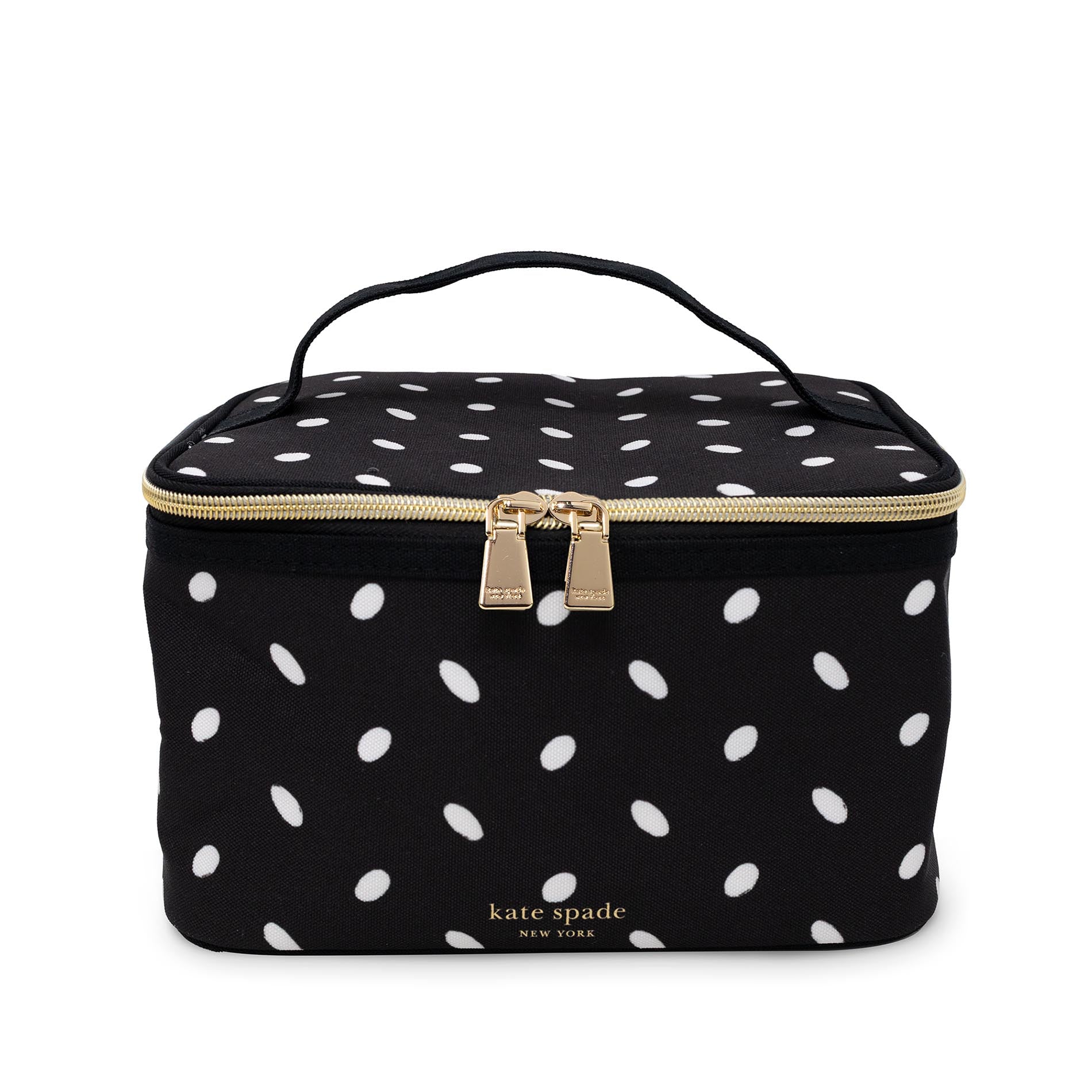 Black cosmetic bag with white polka dots and gold zipper, featuring Kate Spade New York branding.