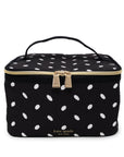 Black cosmetic bag with white polka dots and gold zipper, featuring Kate Spade New York branding.