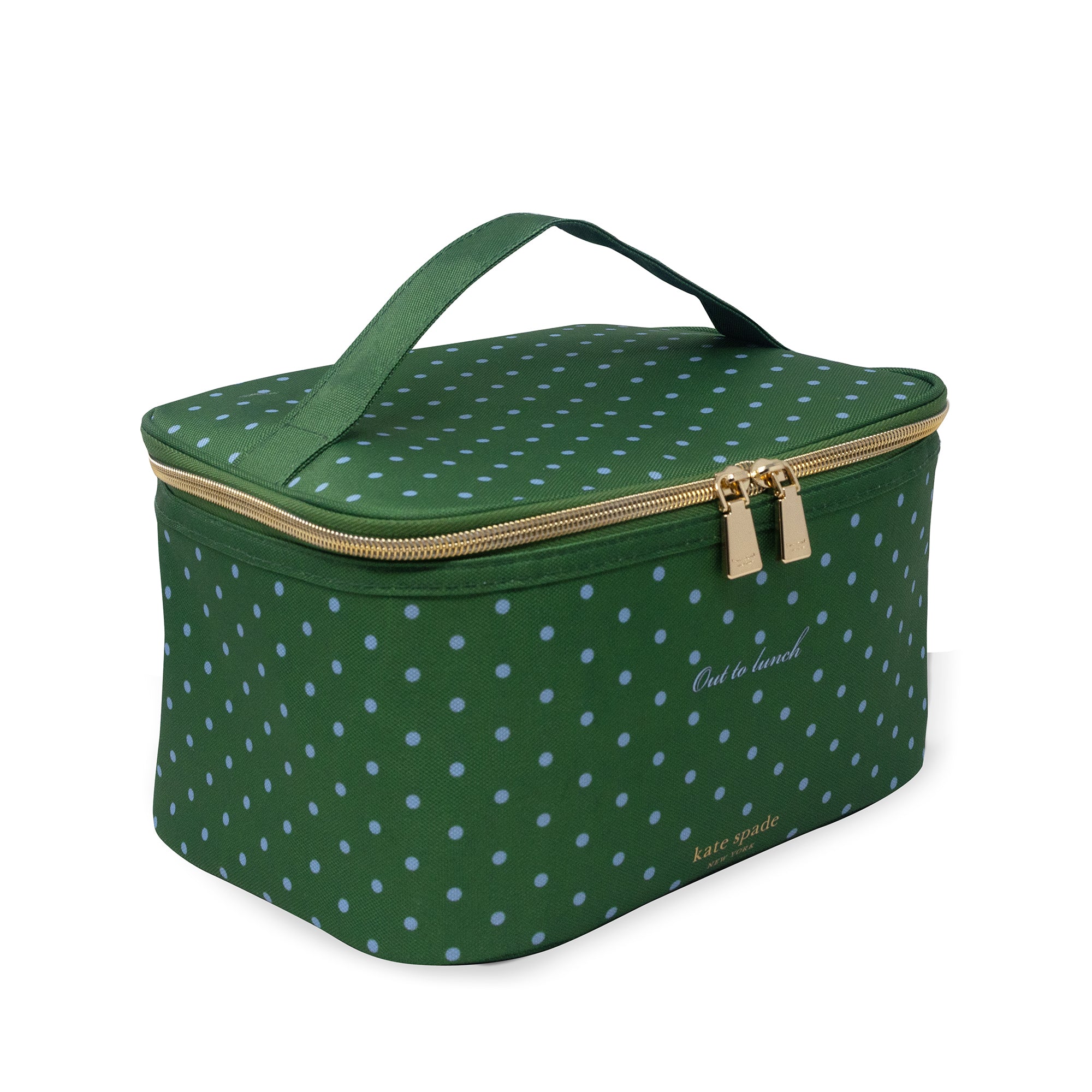 Green polka dot lunch bag with gold zipper on a white background