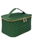 Green polka dot lunch bag with gold zipper on a white background