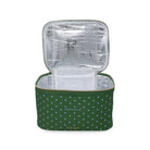 Green polka dot insulated lunch bag with silver interior on a white background