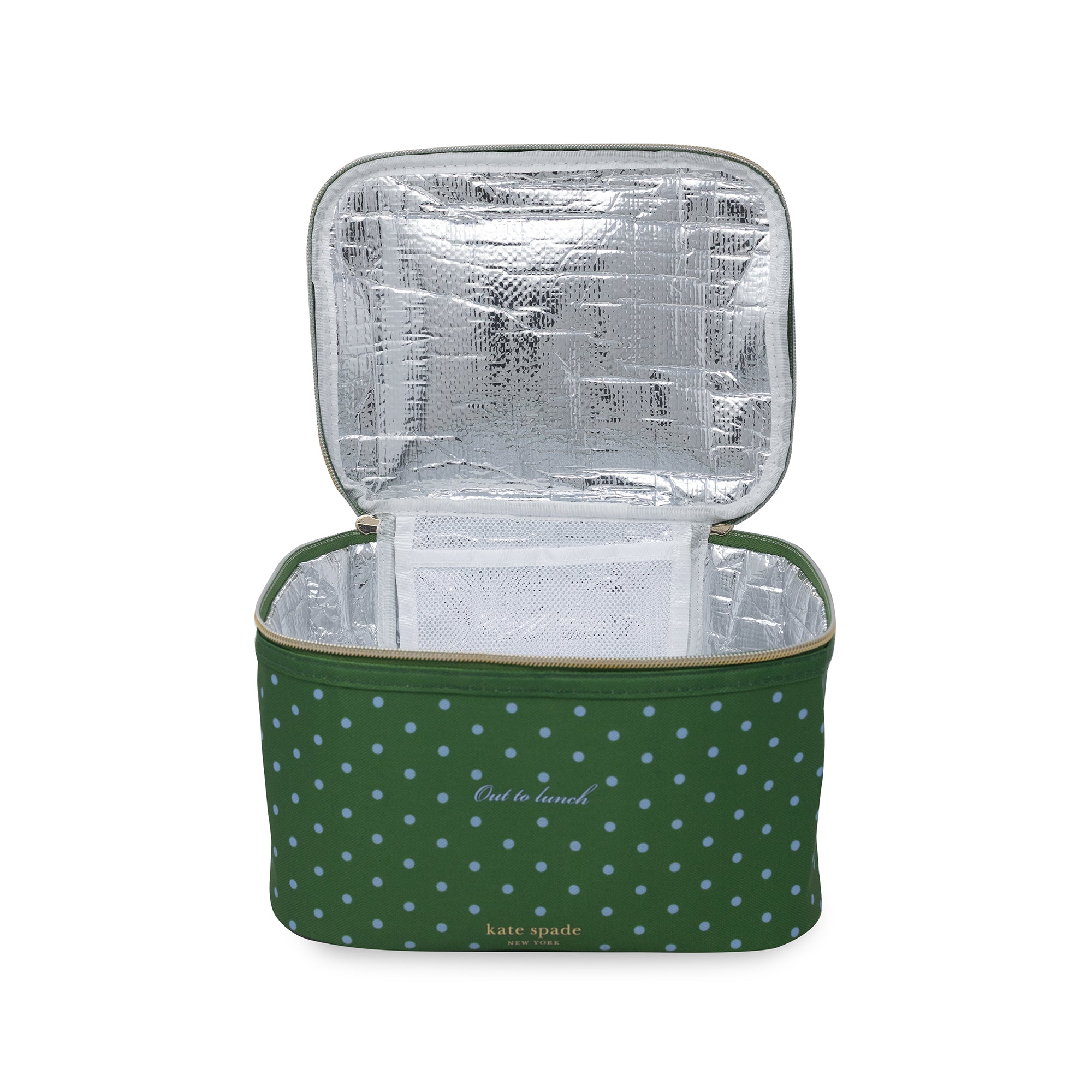 Green polka dot insulated lunch bag with silver interior on a white background