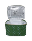 Green polka dot insulated lunch bag with silver interior on a white background
