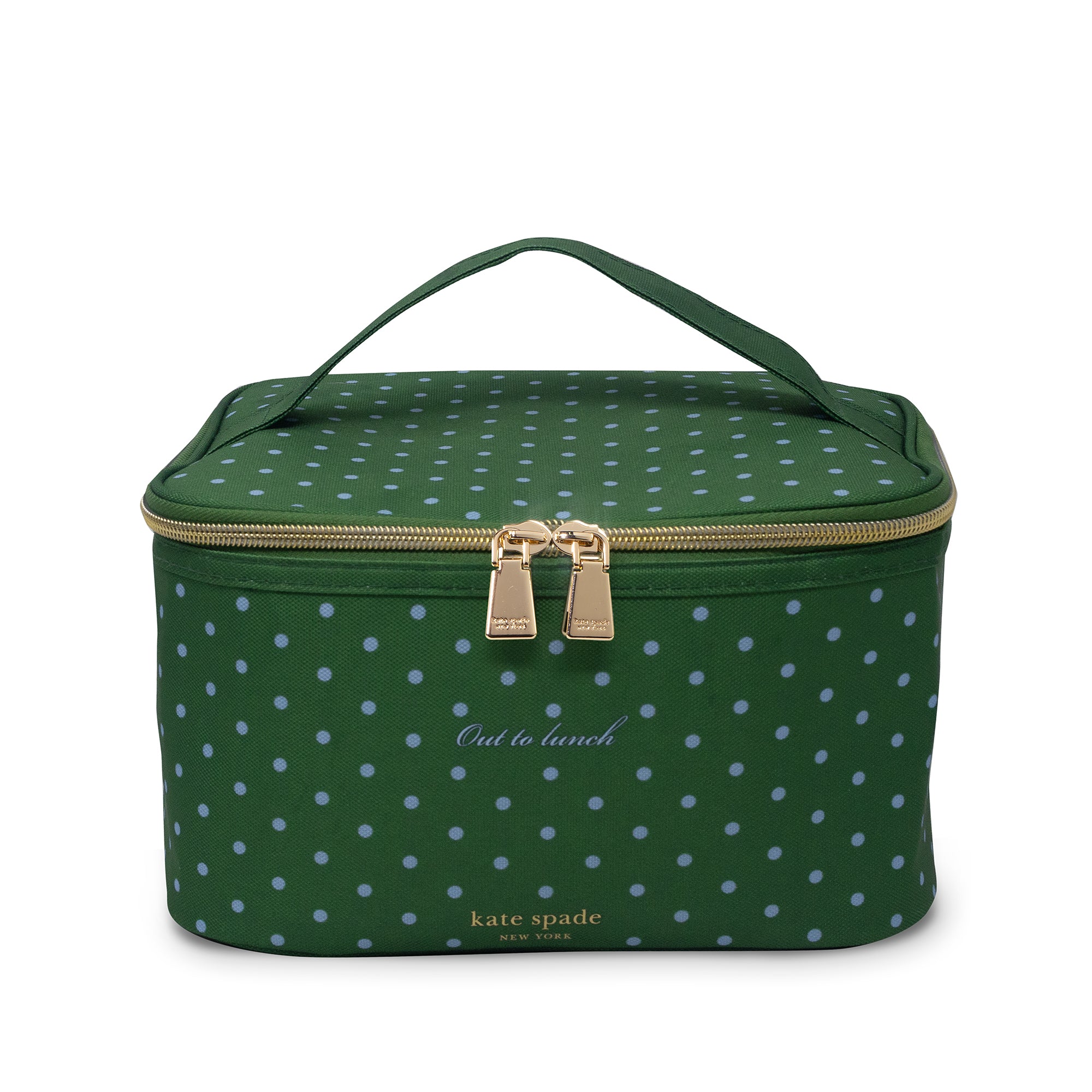 Green polka dot lunch bag with gold zipper and 'kate spade' branding on a white background