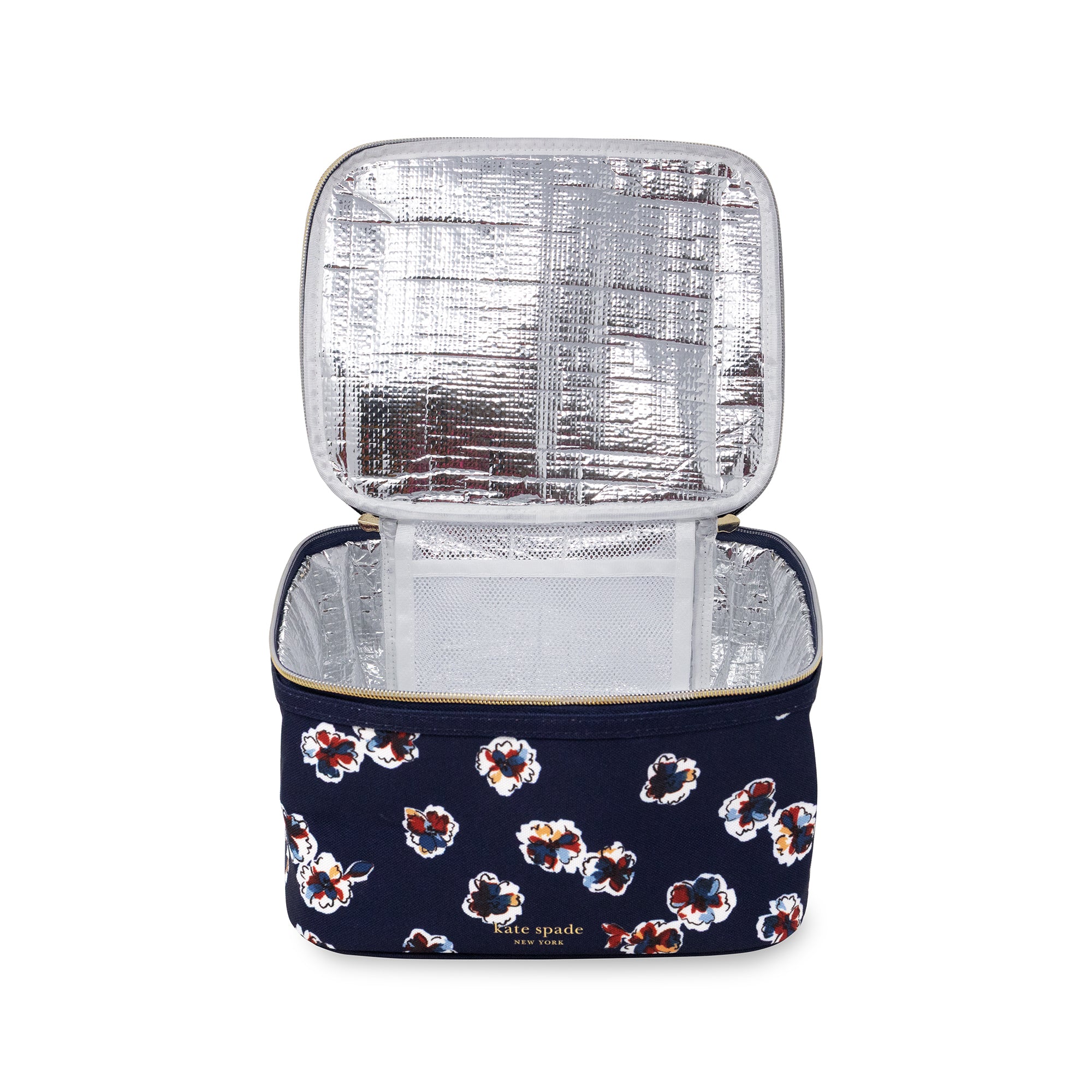 silver interior navy blue lunch box with pretty colorful watercolor flowers with gold hardware