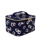 side view of navy blue lunch box with pretty colorful watercolor flowers with gold hardware