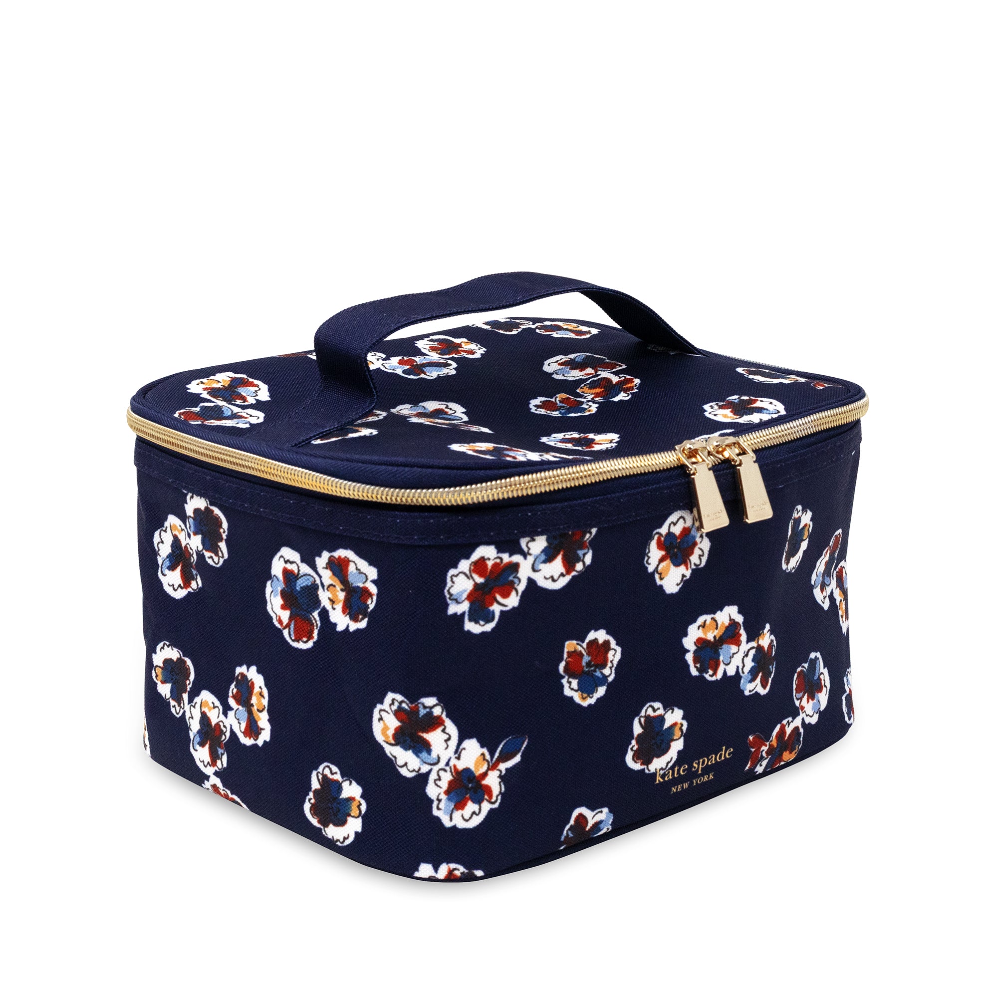side view of navy blue lunch box with pretty colorful watercolor flowers with gold hardware