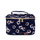 navy blue lunch box with pretty colorful watercolor flowers with gold hardware