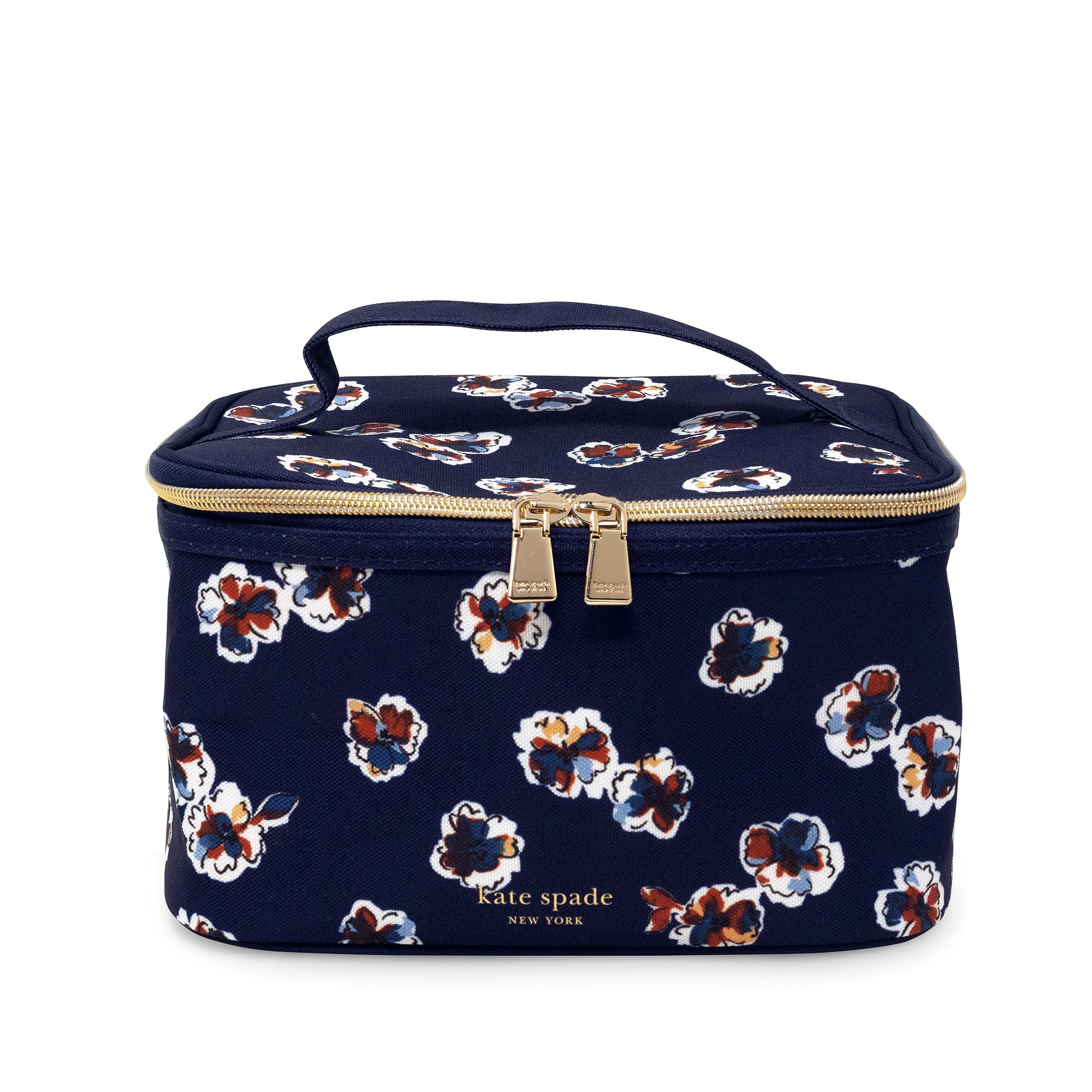 navy blue lunch box with pretty colorful watercolor flowers with gold hardware