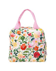 Floral-patterned bag with pink handles on a white background