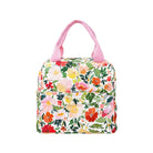 Back view of Floral-patterned bag with pink handles on a white background