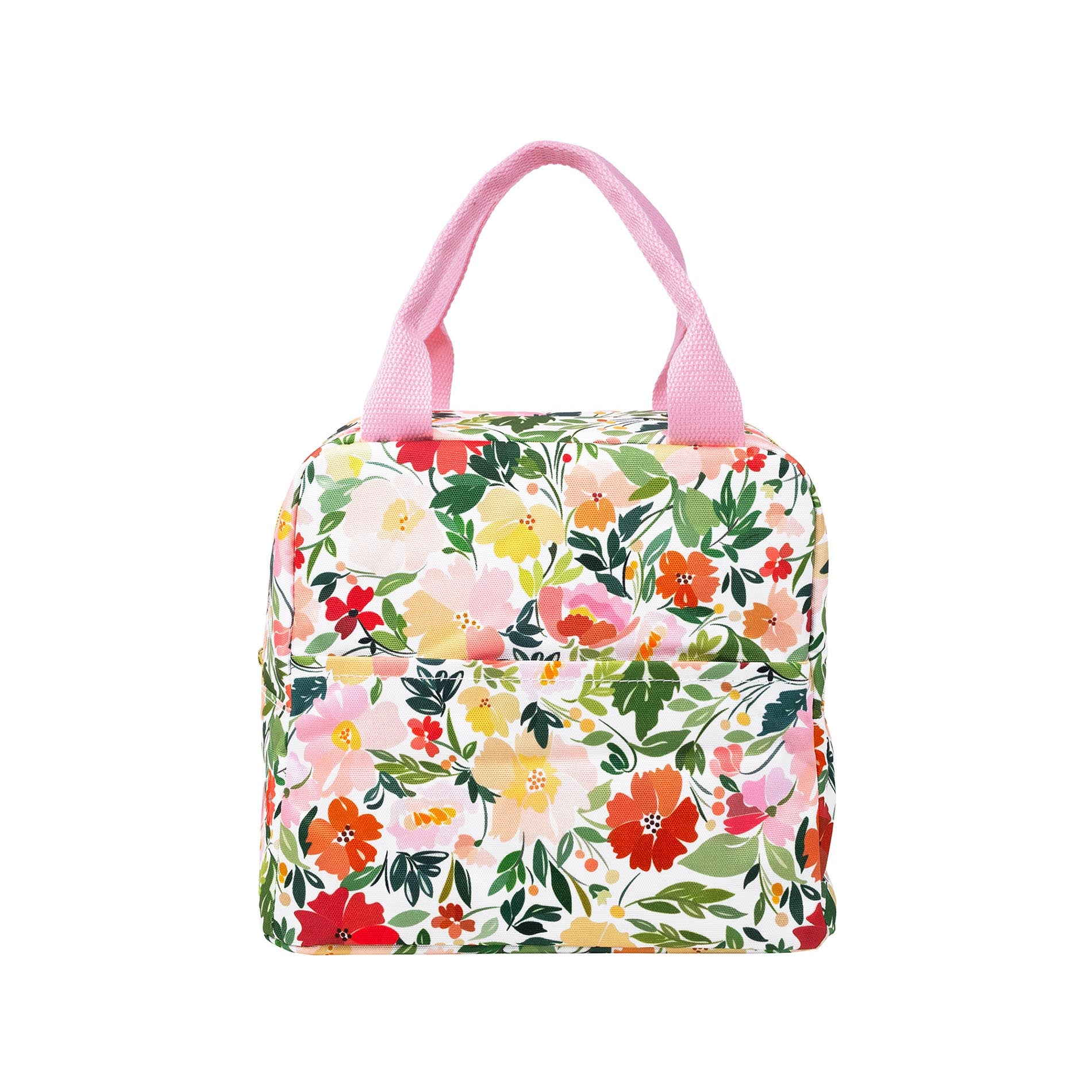 Back view of Floral-patterned bag with pink handles on a white background