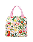 Back view of Floral-patterned bag with pink handles on a white background
