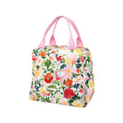 Floral-patterned handbag with pink handles on a white background