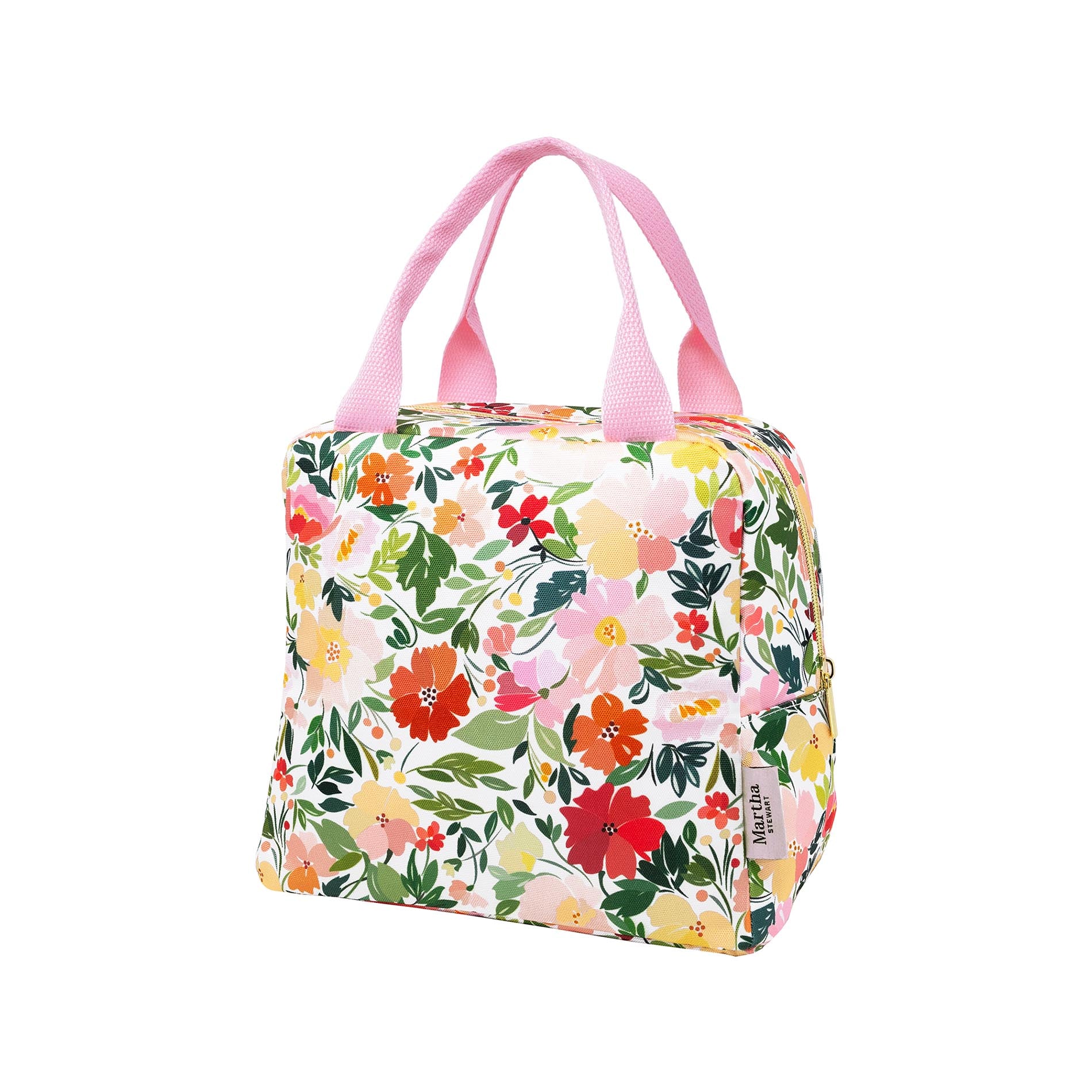 Floral-patterned handbag with pink handles on a white background