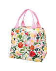Floral-patterned handbag with pink handles on a white background
