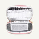 Insulated cooler bag with pink exterior and silver interior on a white background