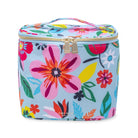 Colorful floral-patterned cosmetic bag with gold zipper on a white background