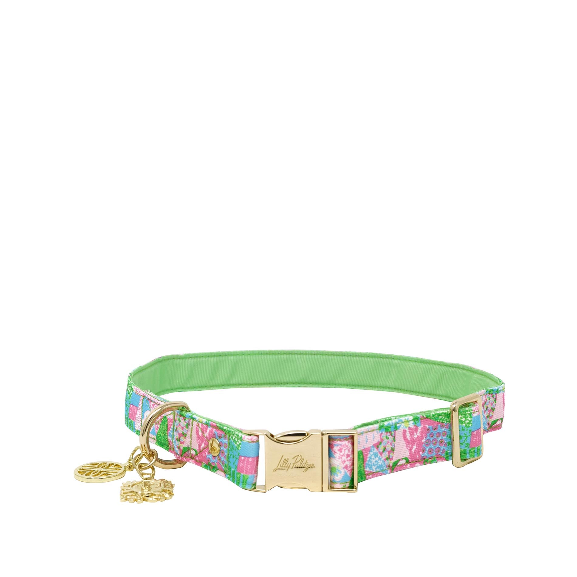 Dog collar with floral pattern and gold hardware on a white background