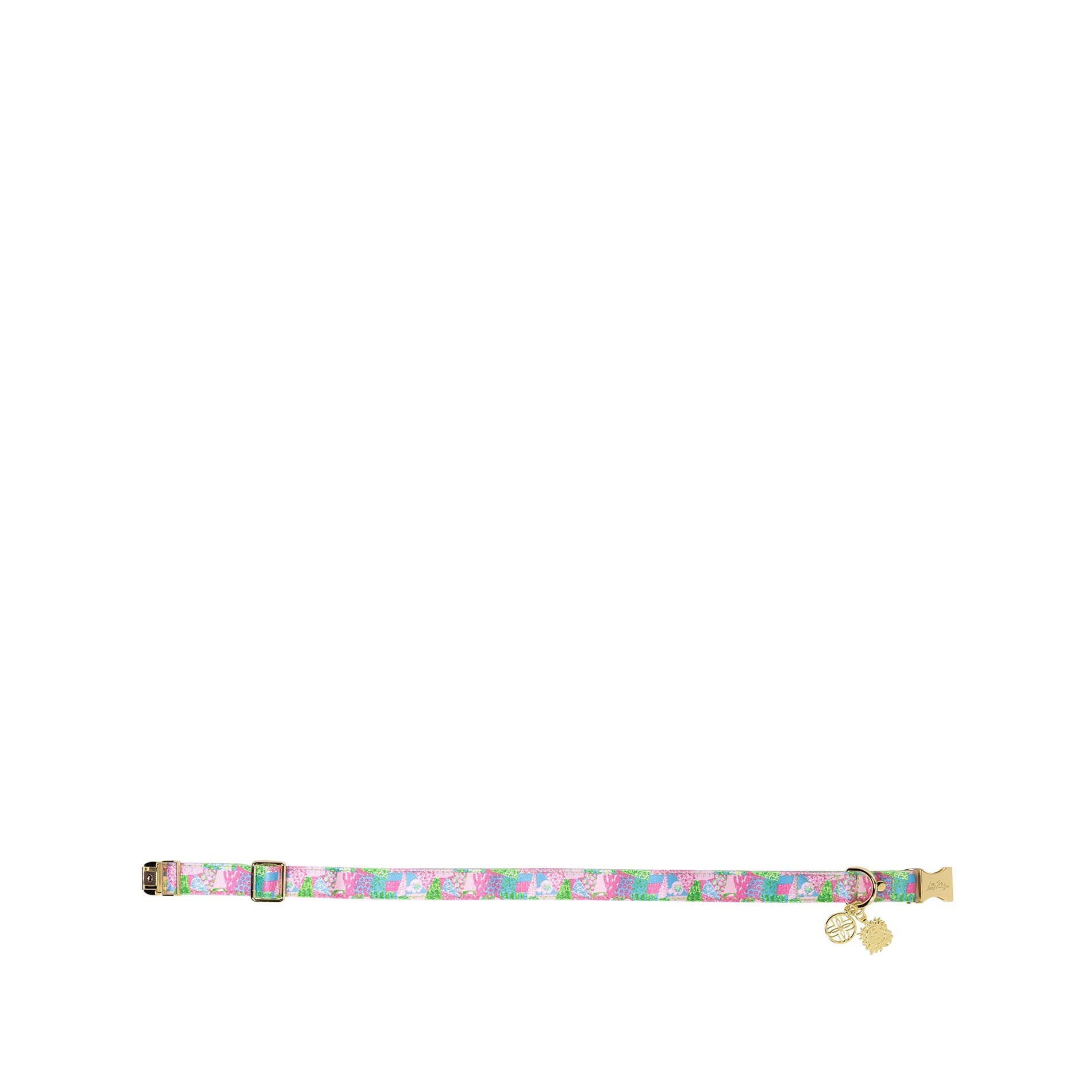 Floral-patterned dog collar with a gold clasp on a white background