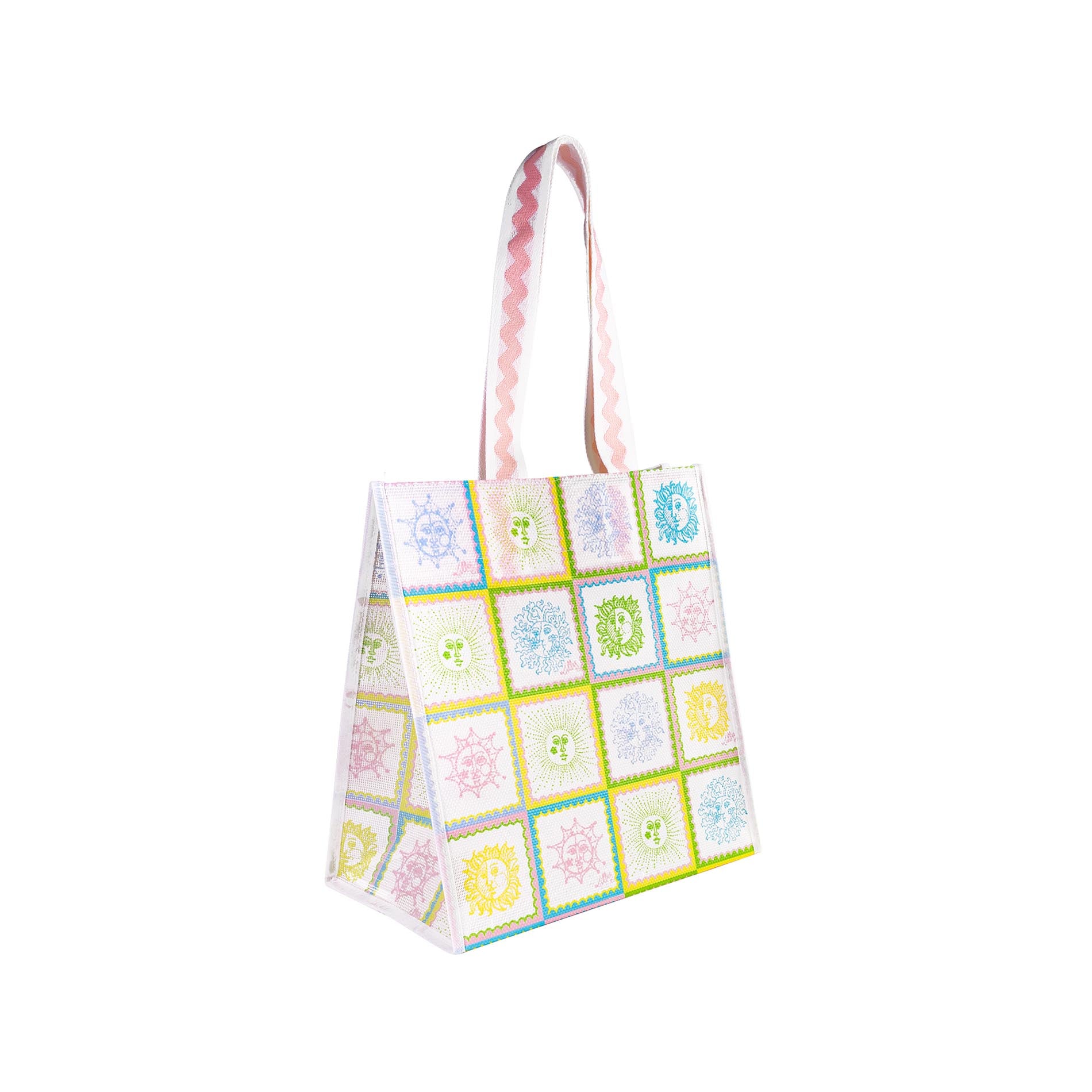Tote bag with colorful square patterns on a white background