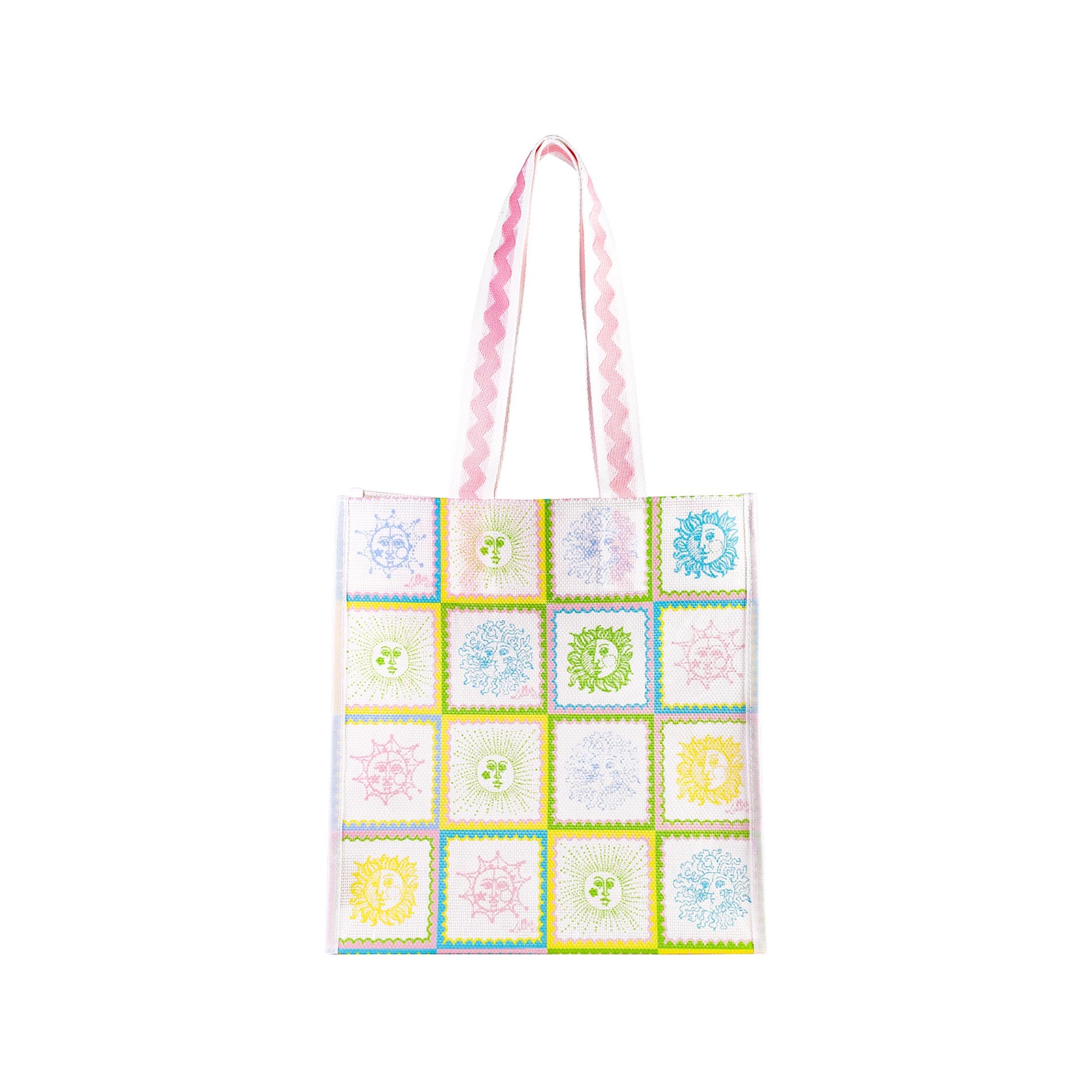 Tote bag with colorful floral pattern on a white background
