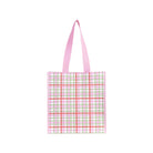 Tote bag with pink and green plaid pattern on a white background