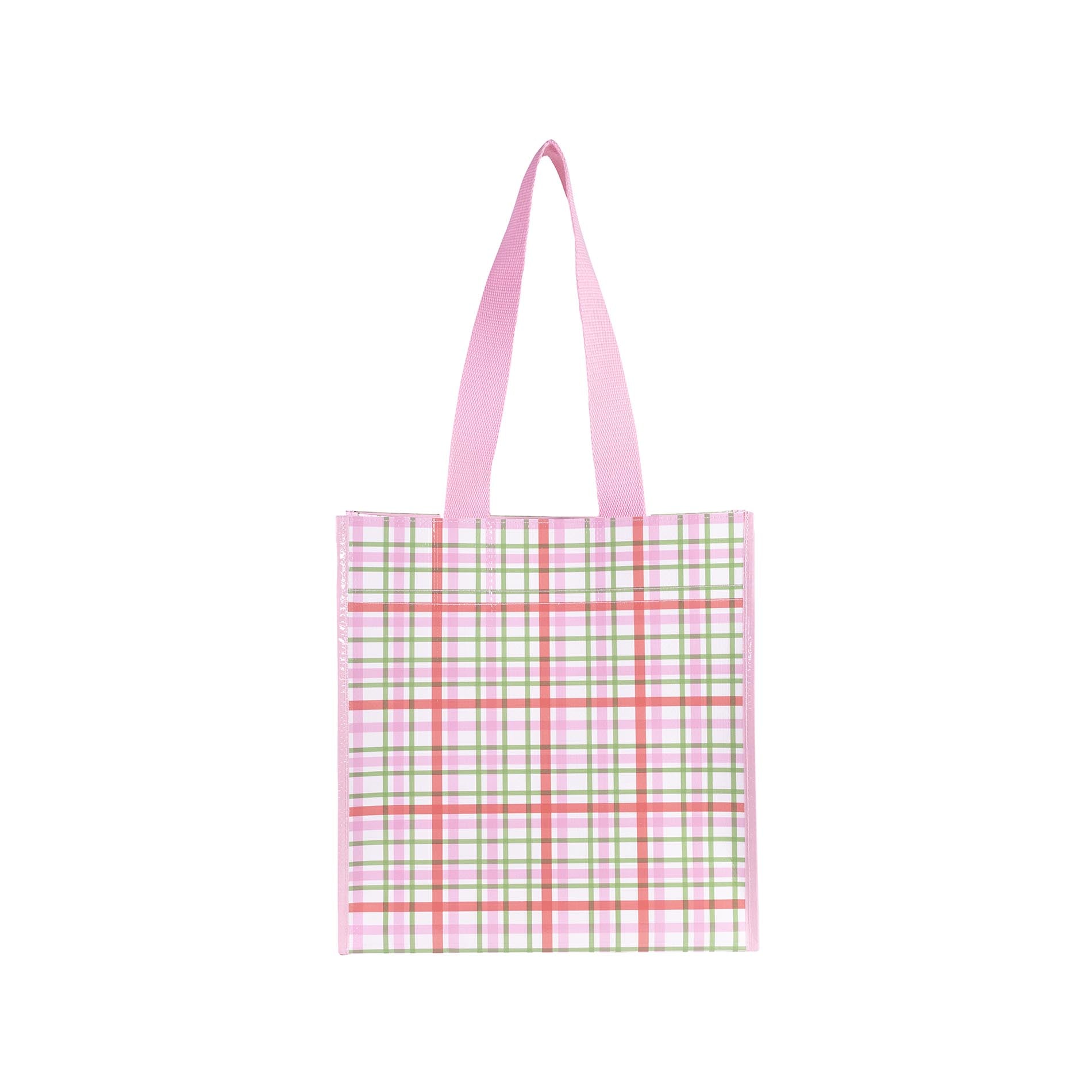 Tote bag with pink and green plaid pattern on a white background