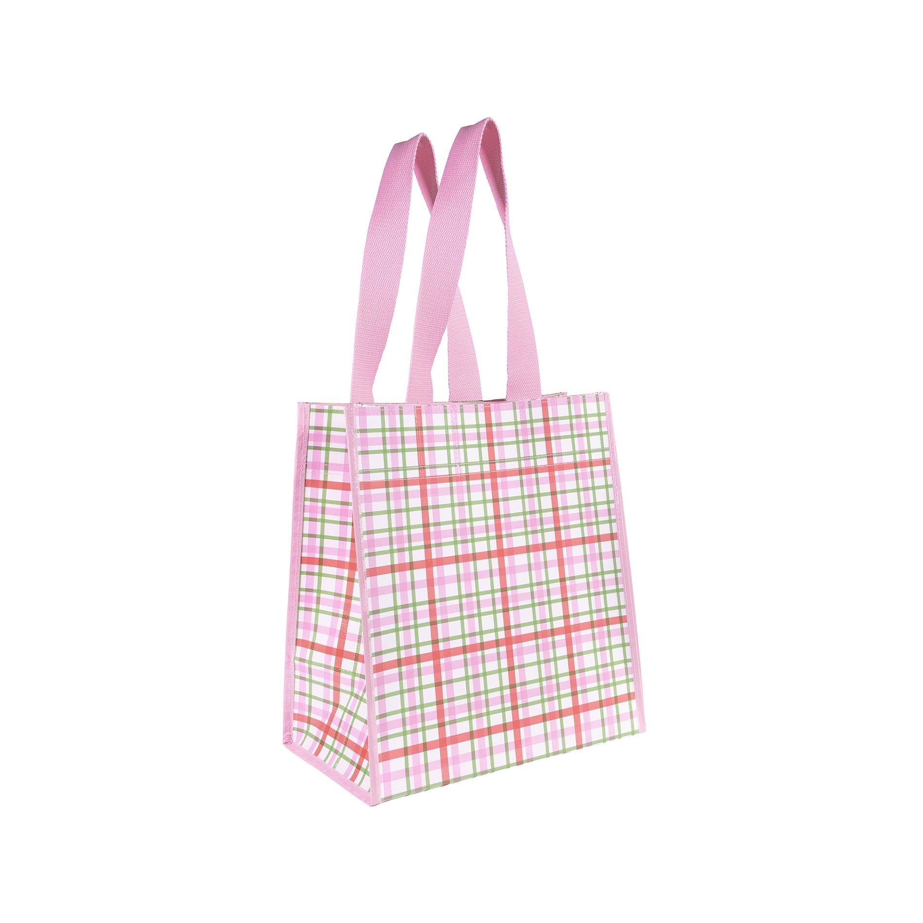 Plaid tote bag with pink straps on a white background