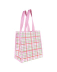 Plaid tote bag with pink straps on a white background