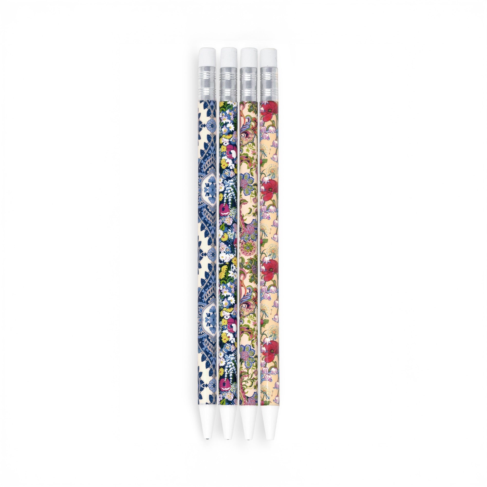 4 mechanical pencils with floral designs on a white background