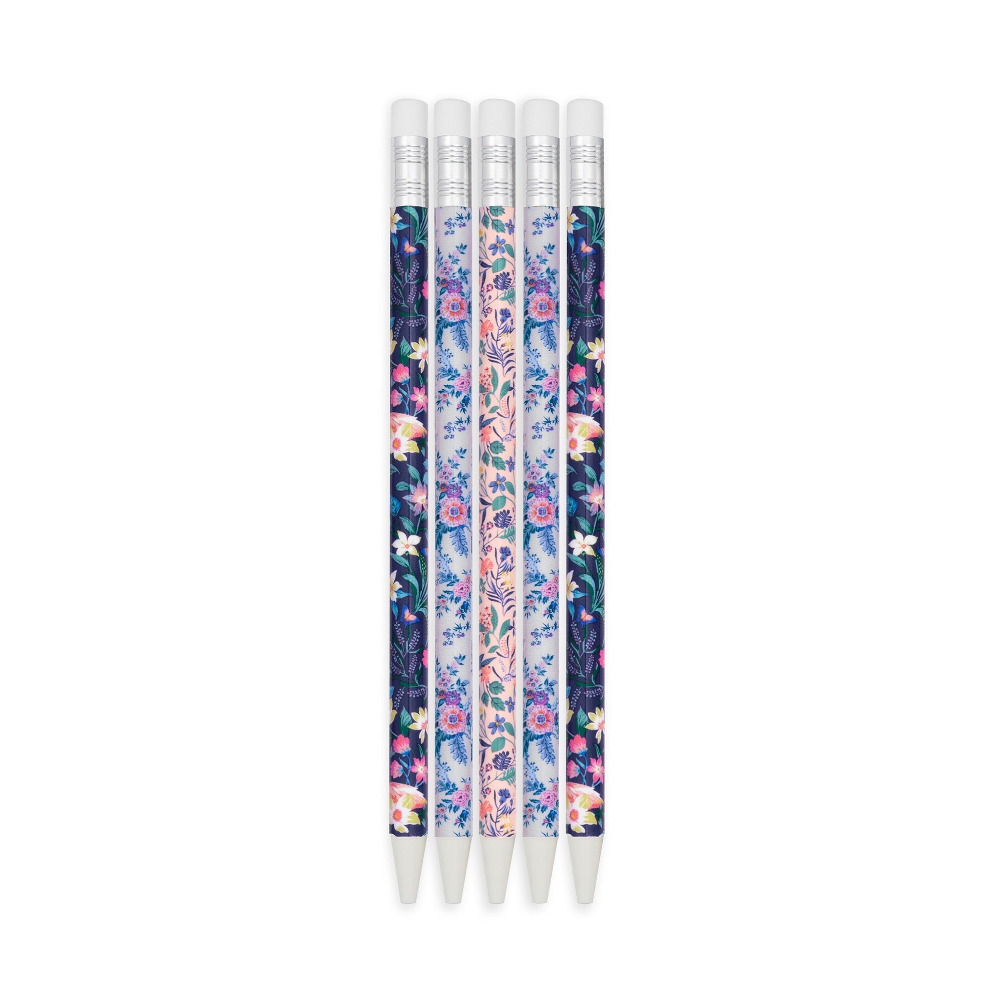 Set of five floral-patterned pencils on a white background