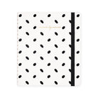 Notebook with black dot pattern and a black strap on a white background