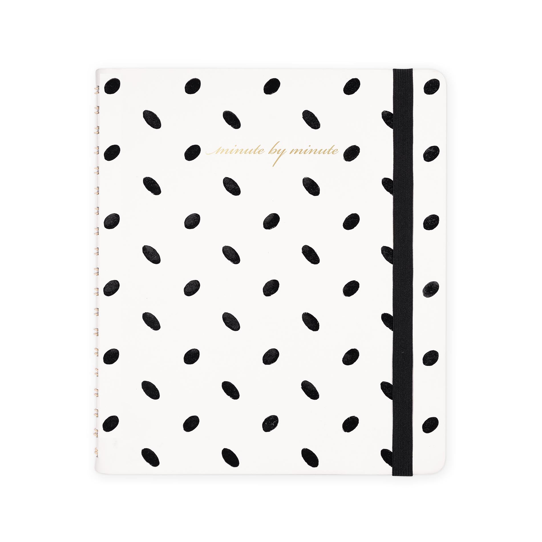 Notebook with black dot pattern and a black strap on a white background