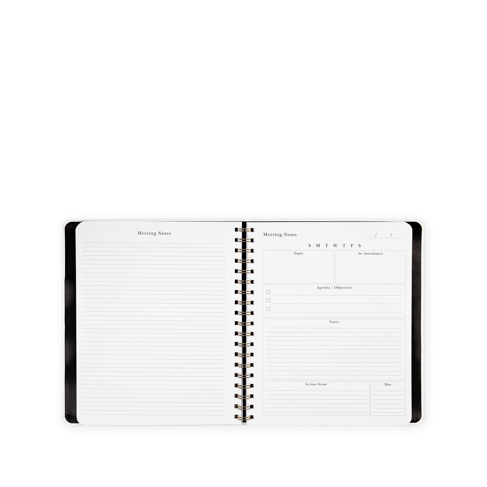 Spiral-bound notebook with black binding on a white background