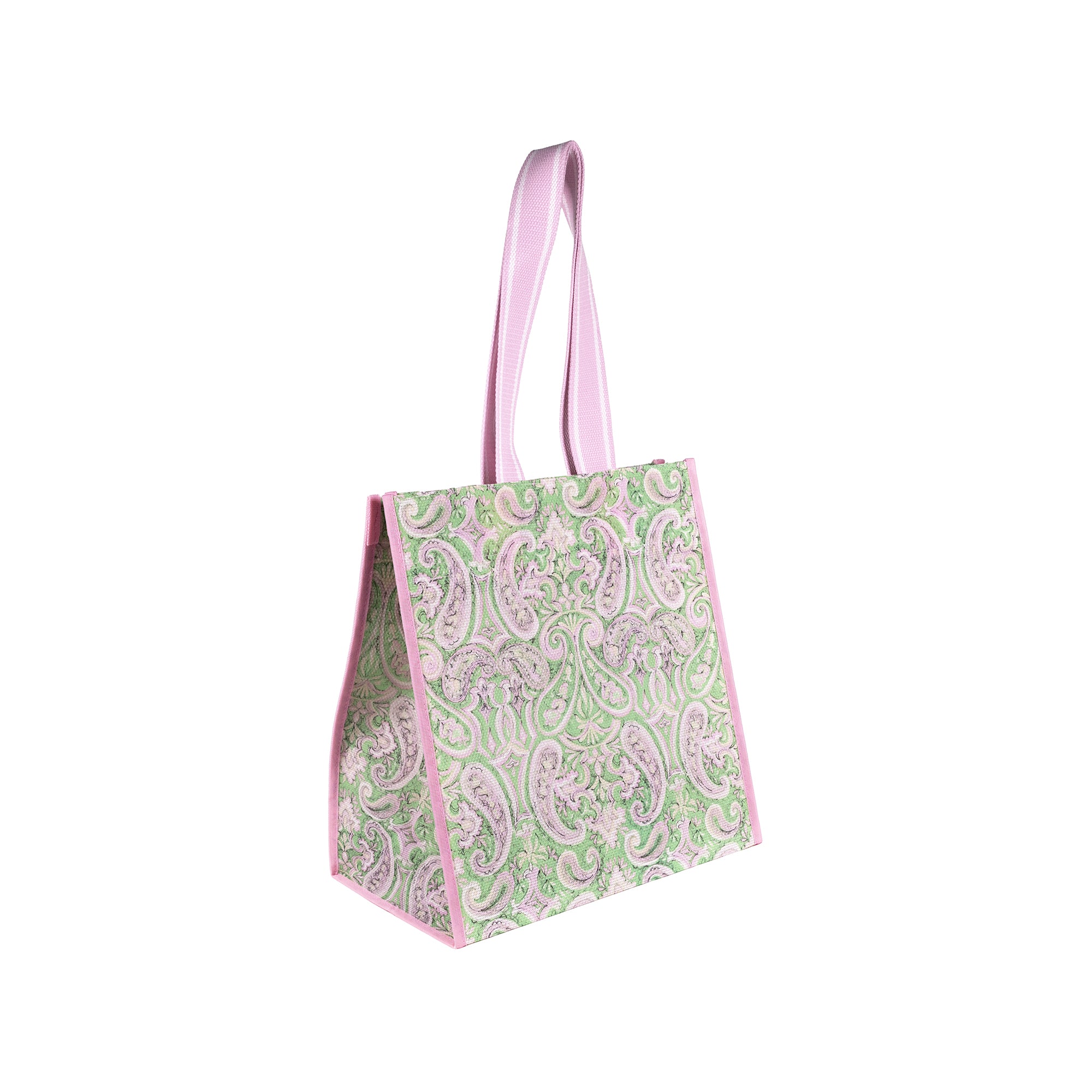 side view of light green and pink patterned reusable shopper bag with pink handles, shown on a plain white background.