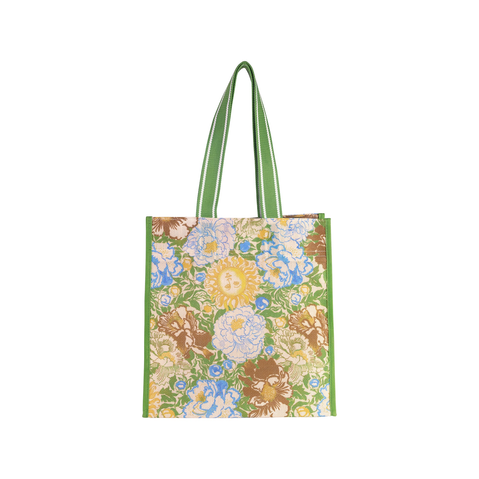 mesh market bag with green trim and retro floral and sun print