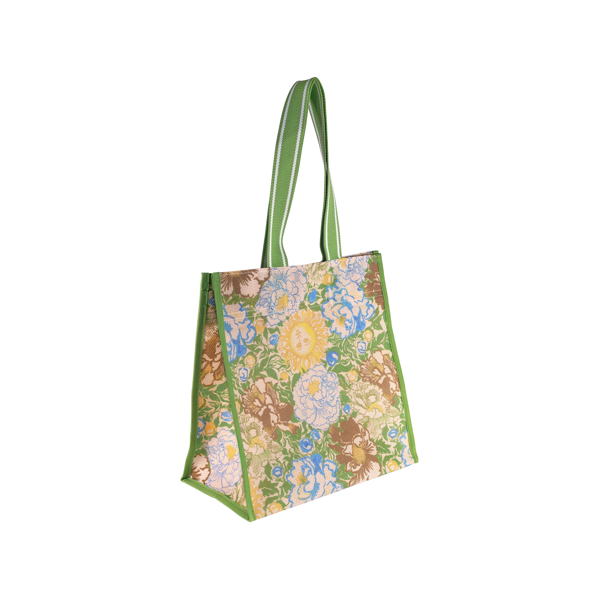 side view of mesh market bag with green trim and retro floral and sun print