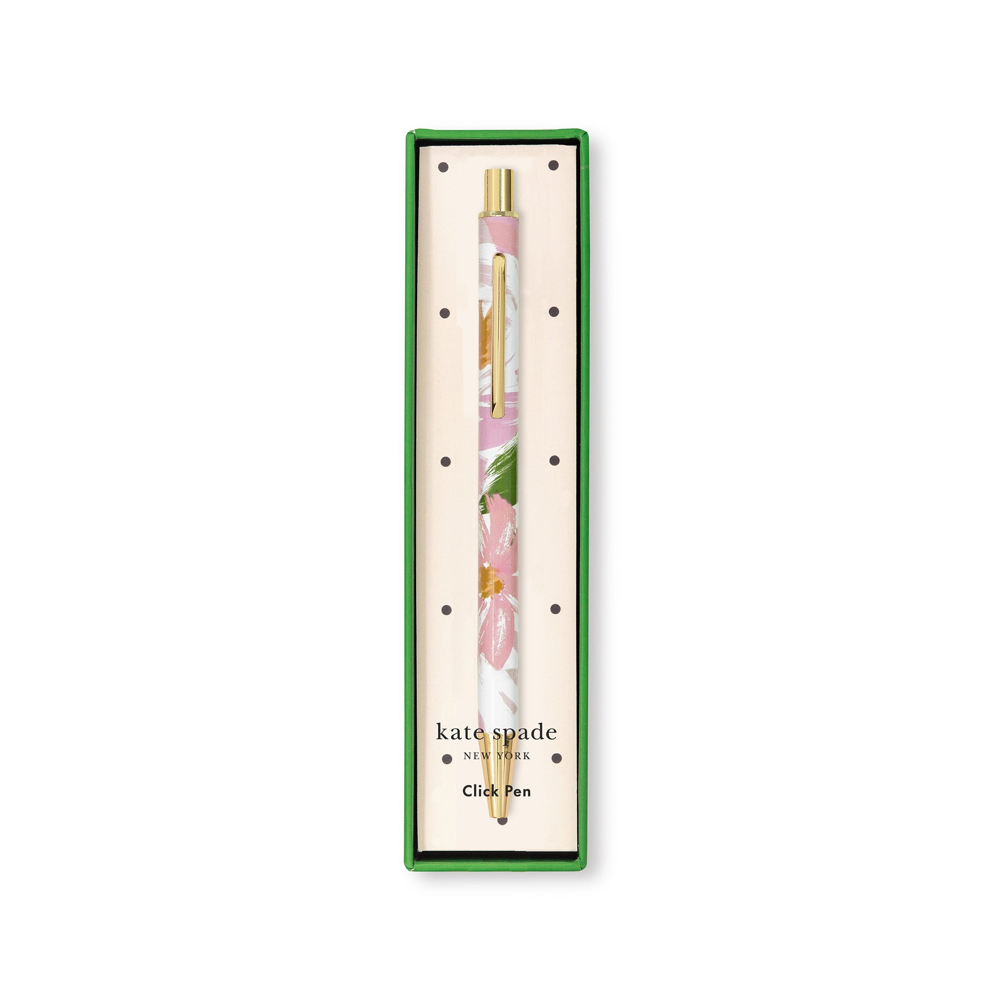Kate Spade pen with floral design in packaging on a white background